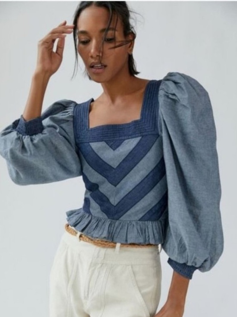 Anthropologie x Love the Label Smocked Puff-Sleeve Chambray Chevron Blue Blouse